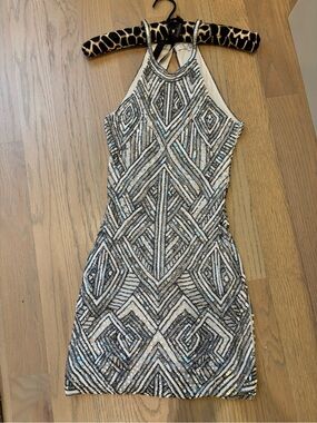 Parker Silver Sequin Halter Mini Dress
